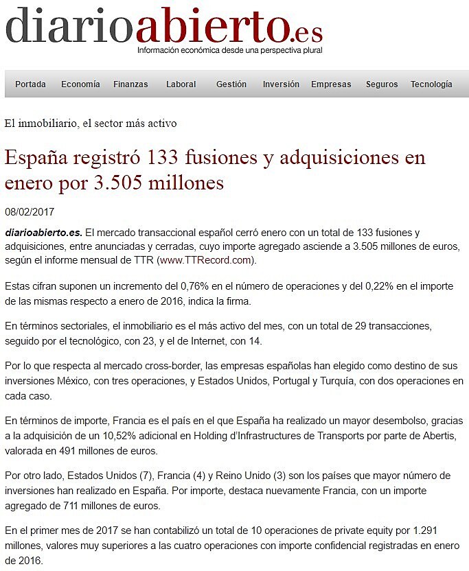 Espaa registr 133 fusiones y adquisiciones en enero por 3.505 millones